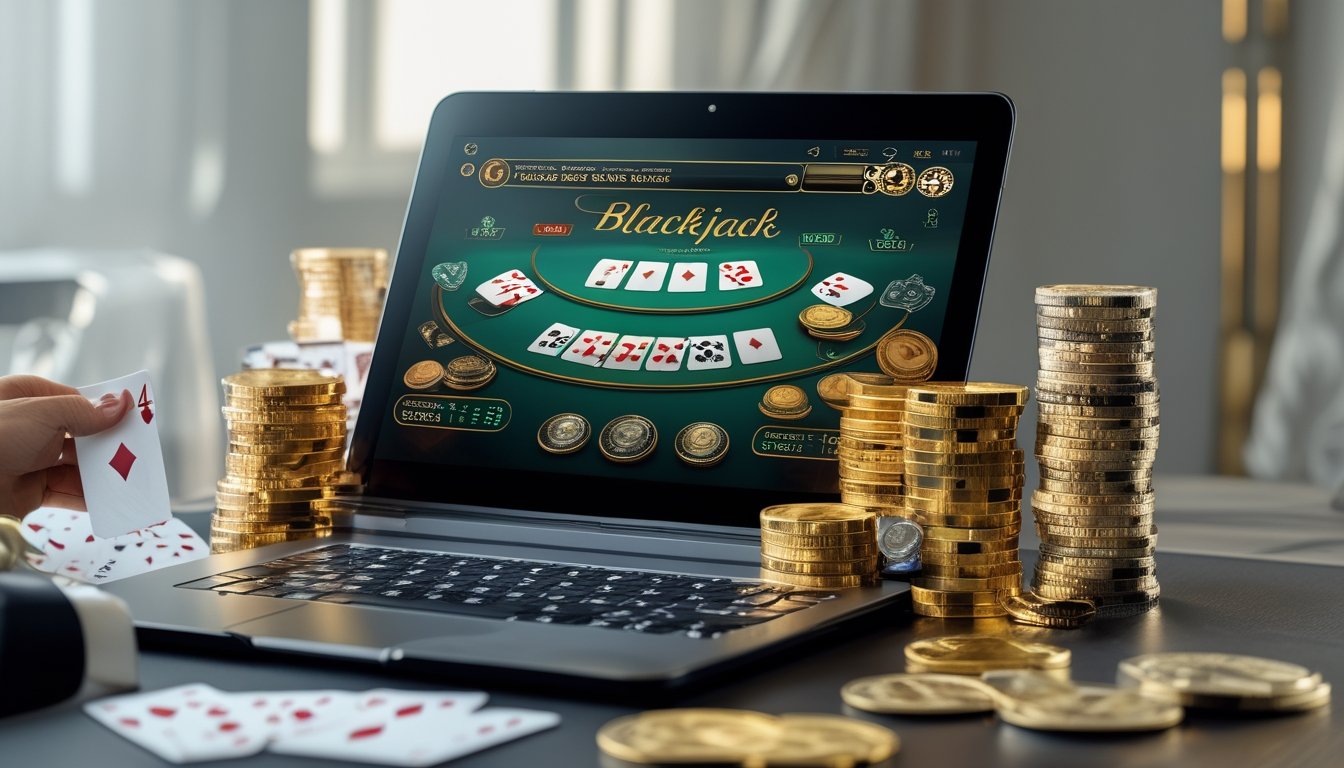 Seseorang bermain blackjack online di komputer dengan tumpukan chip dan koin di sekitar layar.