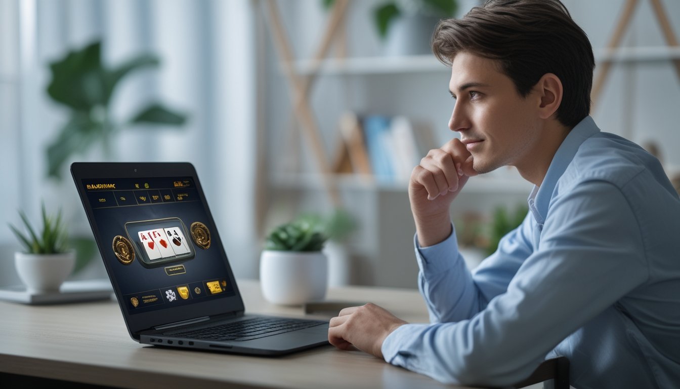 Seorang pemain muda duduk di depan laptop yang menampilkan permainan blackjack online, tampak fokus dan berpikir saat bermain.