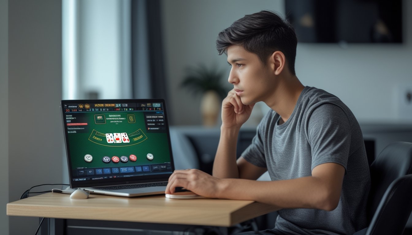 Seorang pemain muda fokus bermain blackjack online di depan layar komputer dengan kartu dan chip terlihat jelas.