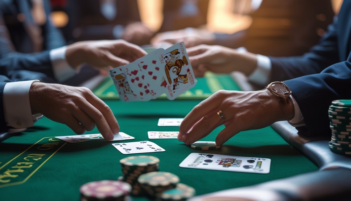 Meja blackjack kasino dengan dealer membagikan kartu kepada pemain di sekitar meja hijau, dengan tumpukan chip dan suasana kasino yang ramai di latar belakang.
