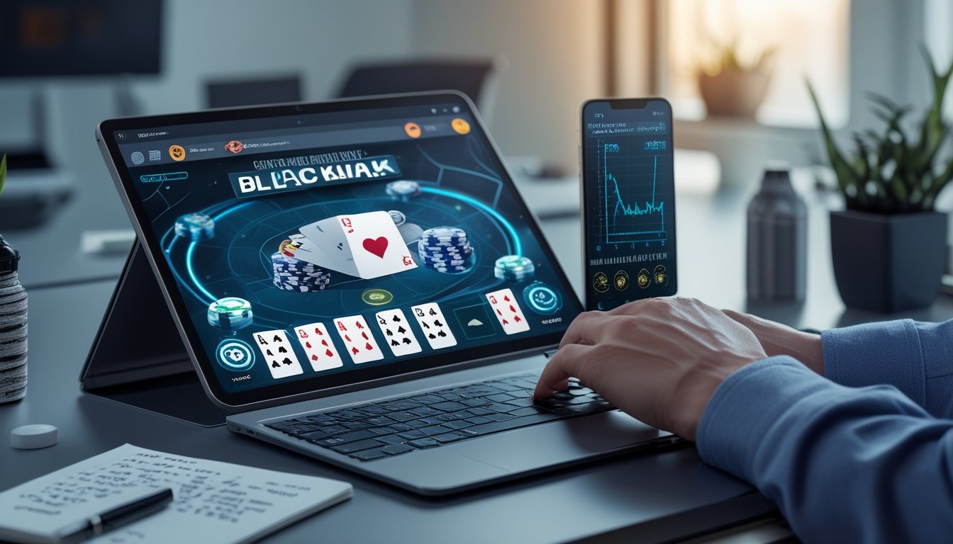 Seorang pemain duduk di depan laptop yang menampilkan permainan blackjack online dengan kartu dan chip, di meja terdapat buku catatan dan smartphone dengan grafik, suasana fokus dan modern.