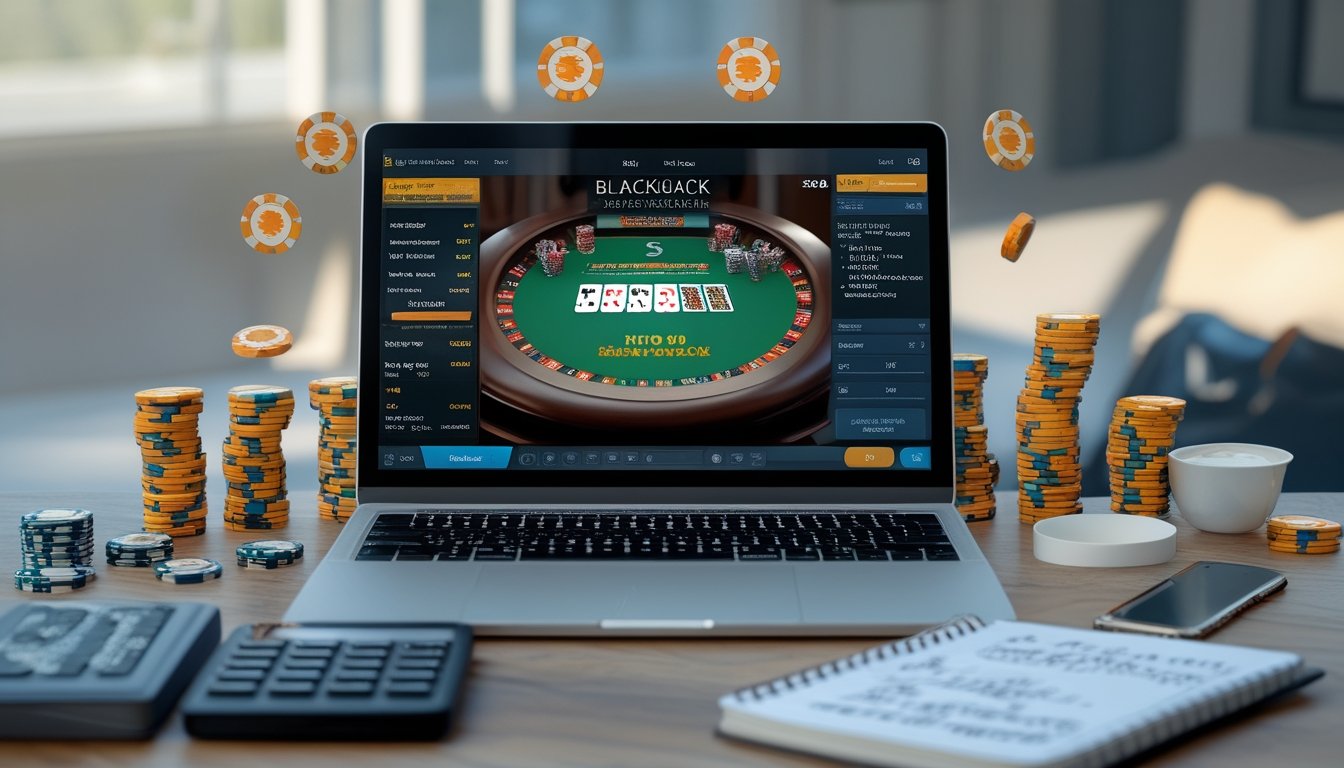 Seorang pemain sedang menggunakan laptop untuk bermain blackjack online dengan tumpukan chip poker dan alat tulis di meja, menunjukkan suasana belajar dan strategi taruhan.