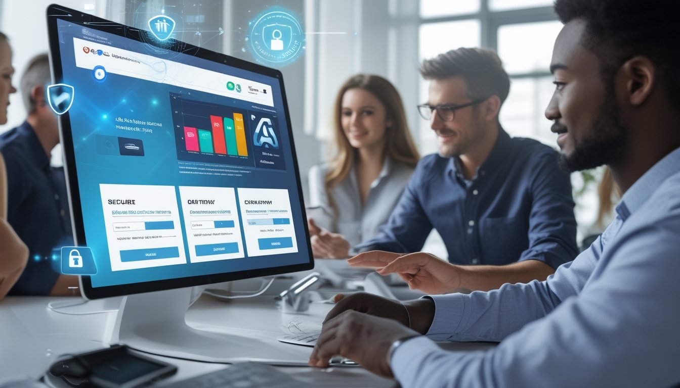 Orang-orang menggunakan perangkat digital di kantor modern dengan tampilan situs togel online yang aman dan terpercaya.