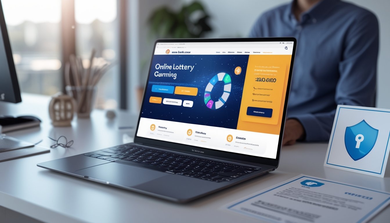 Sebuah meja kerja modern dengan laptop yang menampilkan situs togel online, dikelilingi ikon keamanan seperti gembok dan sertifikat, di dalam ruangan kantor yang terang.
