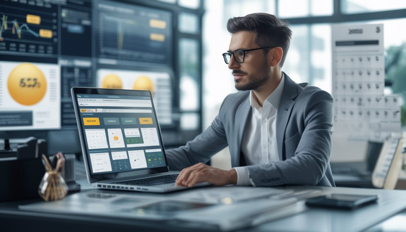 Seorang pebisnis duduk di meja modern sambil menganalisis data di laptop dan layar digital dengan grafik dan angka togel.