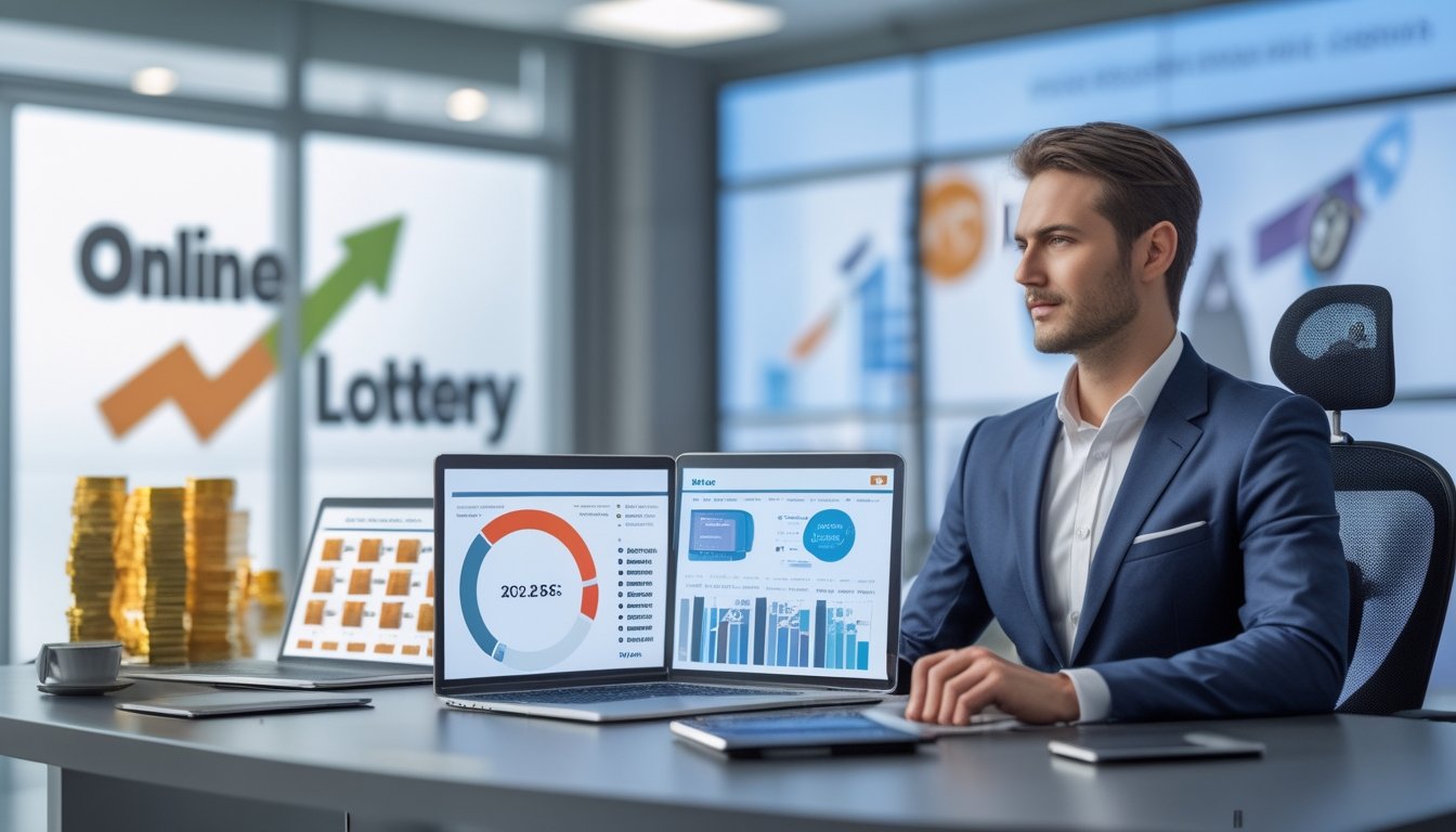 Seorang profesional duduk di meja kerja dengan laptop dan tablet yang menampilkan grafik dan data terkait lotere online, di ruang kantor modern dengan layar digital besar di latar belakang.