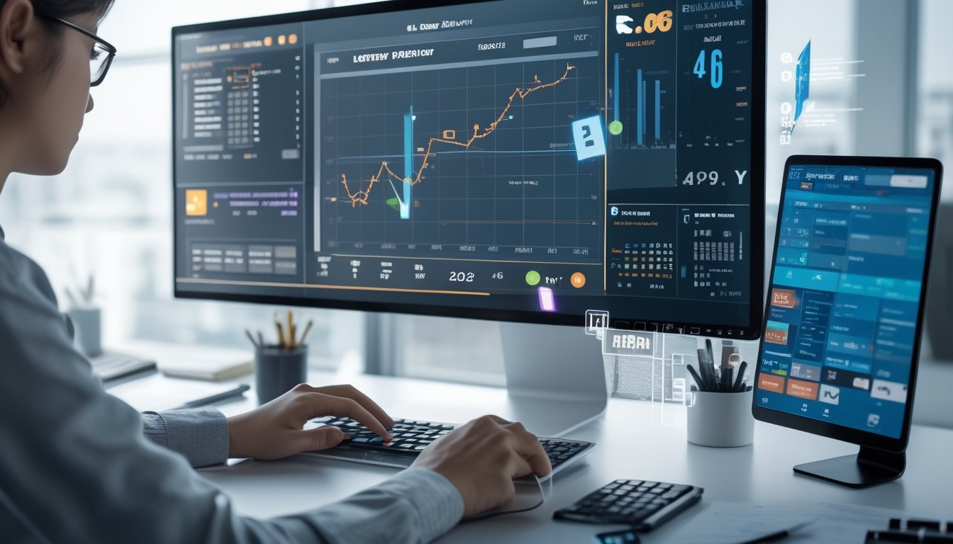 Meja kerja modern dengan komputer menampilkan grafik dan data angka, tangan seseorang menggunakan keyboard dan kalkulator, serta ponsel dengan aplikasi lotere.