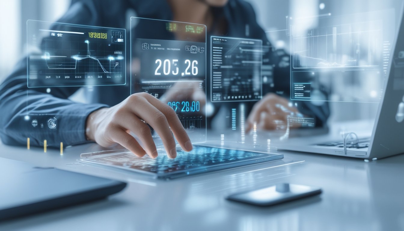 Seseorang sedang menganalisis data angka togel secara online menggunakan layar digital transparan di sebuah ruang kerja modern.