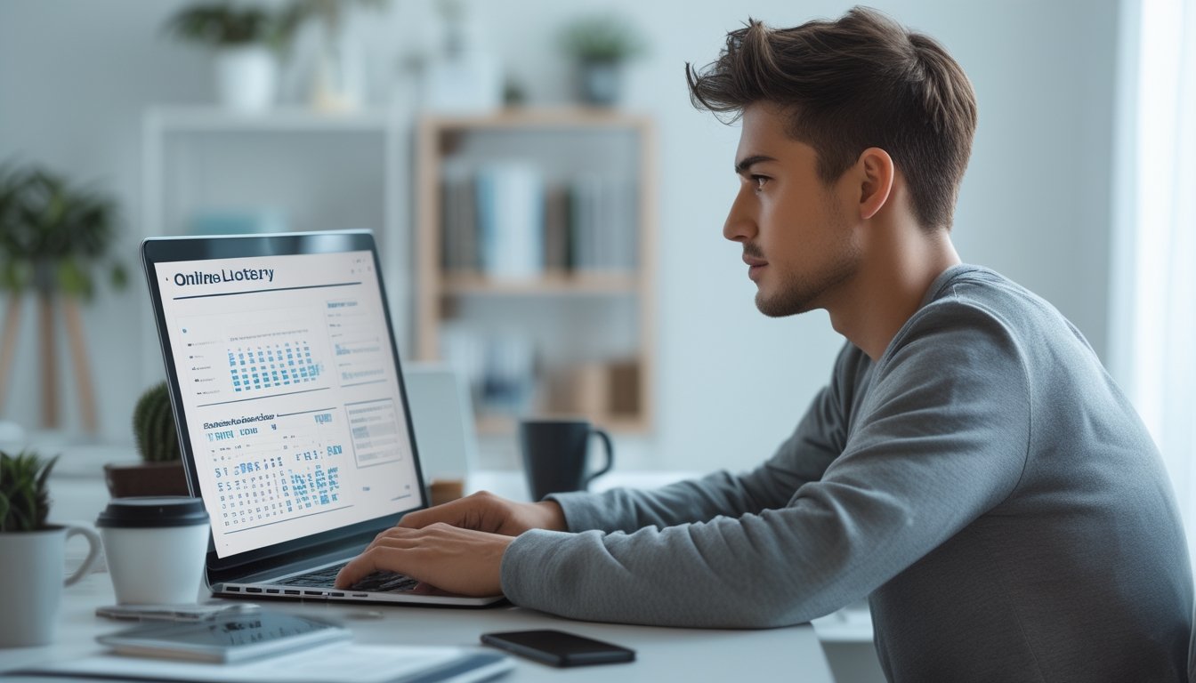 Seorang pria muda duduk di meja kerja dengan laptop dan catatan, fokus belajar strategi bermain togel online.