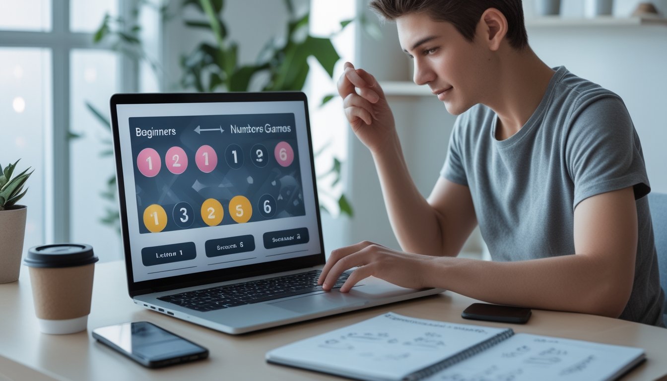 Seseorang duduk di depan laptop di meja kerja dengan suasana terang dan rapi, fokus bermain permainan togel online.
