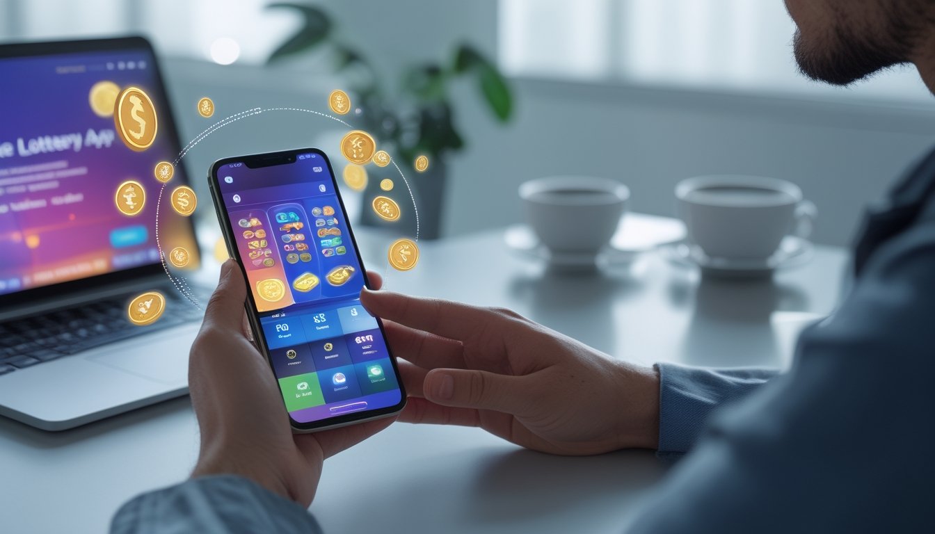 Tangan seseorang memegang ponsel dengan tampilan aplikasi togel online, dikelilingi oleh simbol transaksi digital di meja kerja modern.