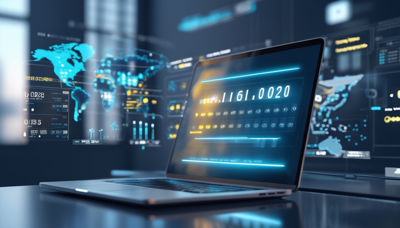 Seorang pria menggunakan laptop dengan tampilan antarmuka lotere digital dan peta dunia di latar belakang, menggambarkan konsep situs togel online resmi internasional.