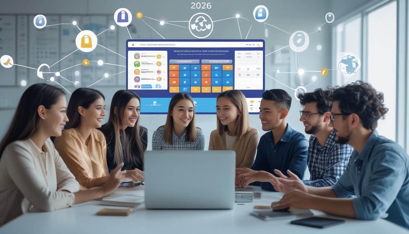 Sekelompok orang muda bermain togel online di depan laptop dengan latar belakang simbol keamanan dan jaringan internasional.