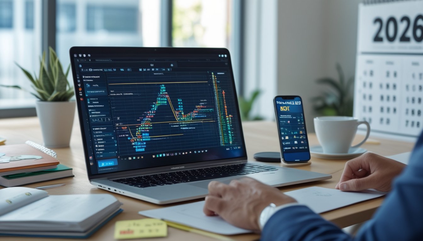 Sebuah ruang kerja modern dengan laptop yang menampilkan grafik dan pola data lotere, diiringi oleh buku catatan, ponsel, dan secangkir kopi di atas meja.