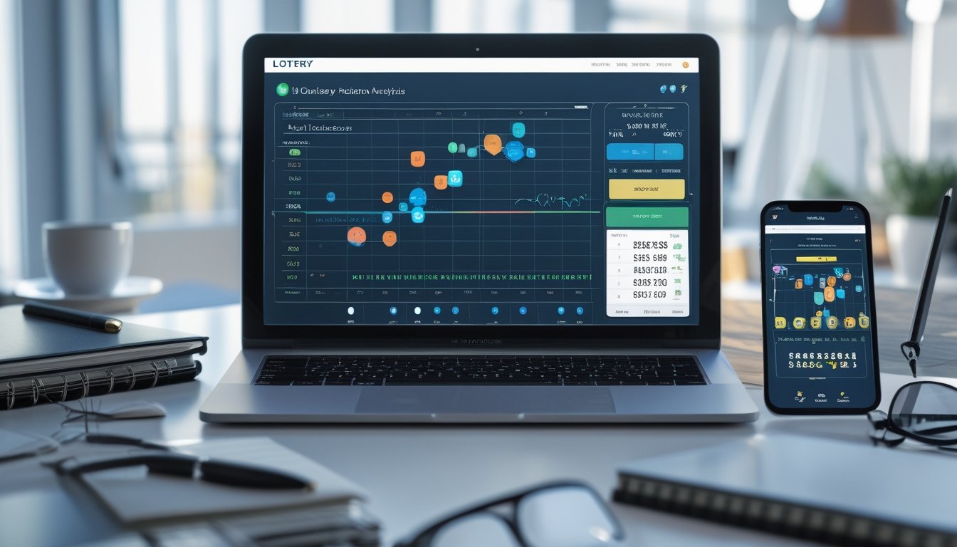 Seorang profesional bekerja di meja dengan laptop yang menampilkan grafik pola angka togel, dikelilingi oleh buku catatan, ponsel, dan alat tulis di ruang kantor yang terang.