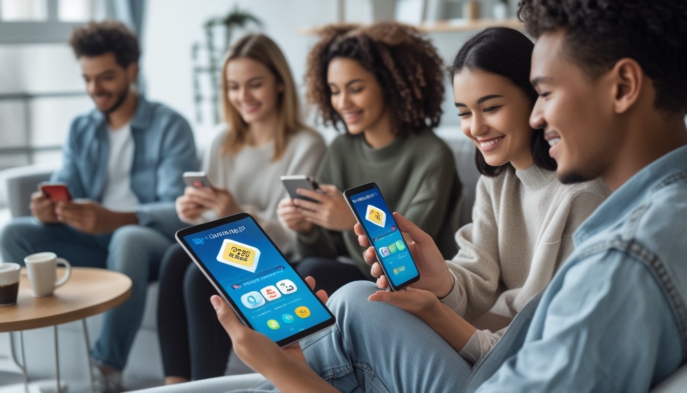 Beberapa orang muda menggunakan ponsel dan tablet di ruangan yang terang, menikmati aplikasi togel online dengan ekspresi senang dan santai.