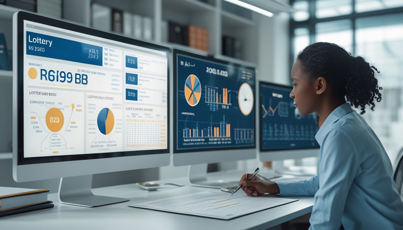 Seorang profesional sedang menganalisis data di depan beberapa layar komputer dengan grafik dan angka, di ruang kantor yang terang dan rapi.