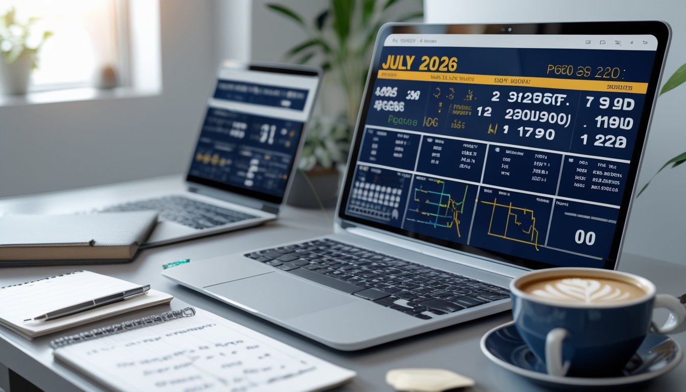 Meja kerja modern dengan laptop dan tablet menampilkan data dan grafik prediksi angka togel, dilengkapi buku catatan dan kopi.