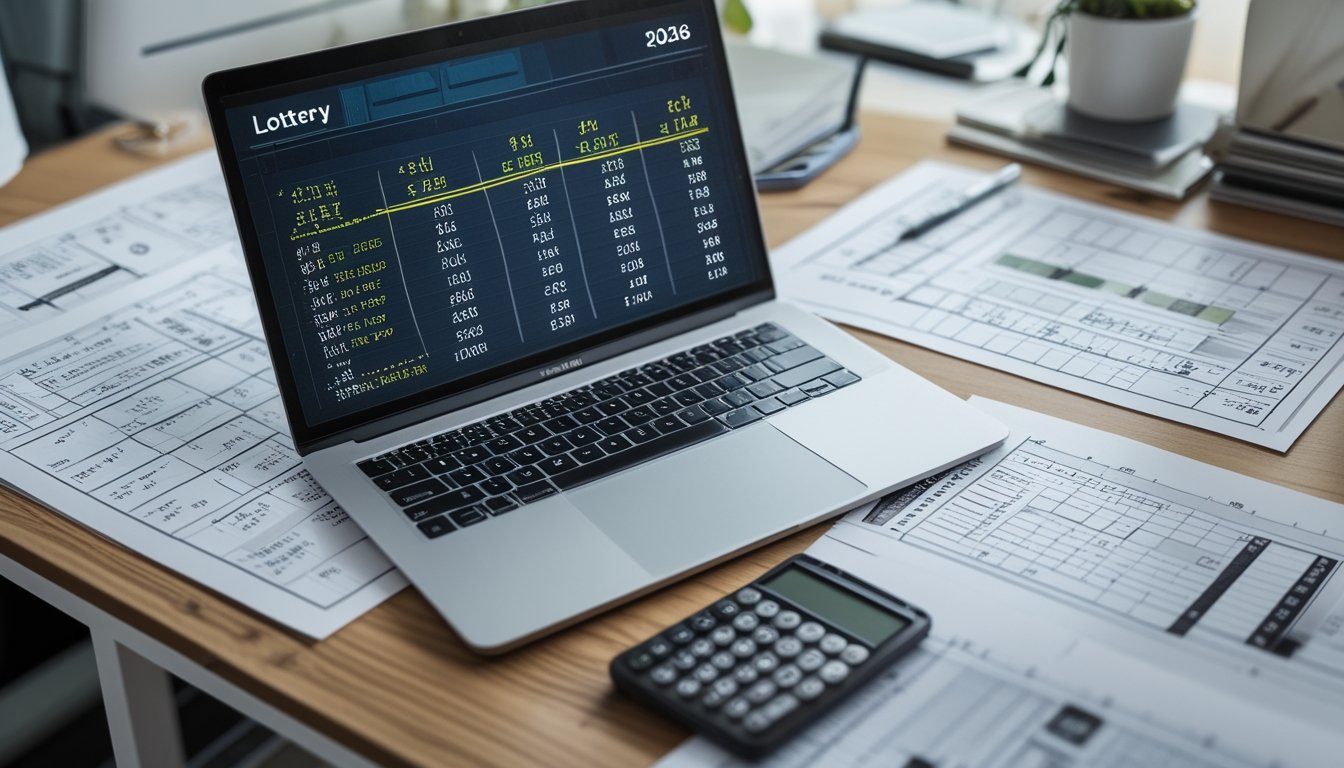Meja kerja dengan laptop, kertas berisi rumus dan grafik, kalkulator, dan pena yang digunakan untuk analisis prediksi togel.