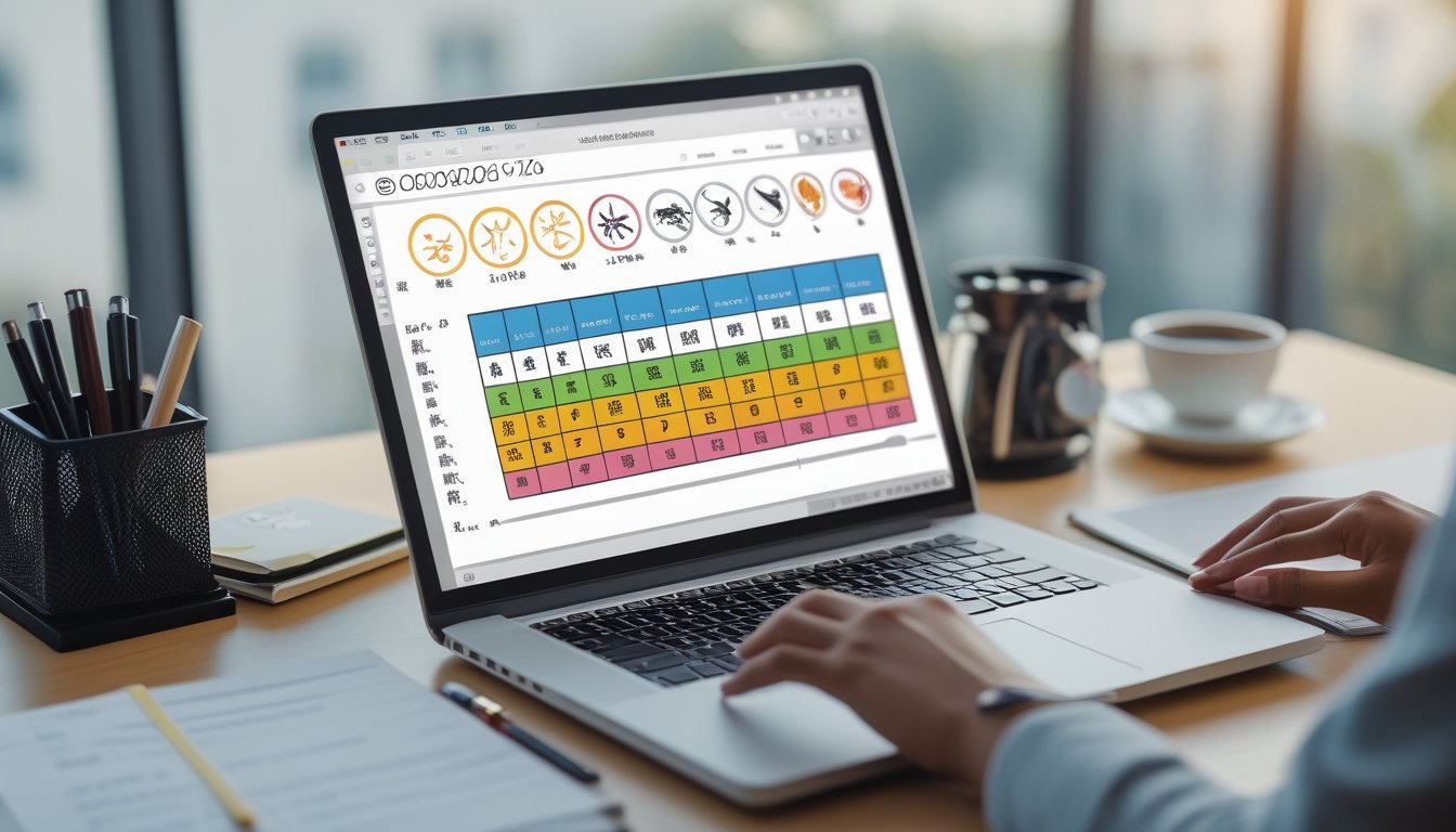 Meja kerja dengan laptop yang menampilkan tabel digital berisi simbol shio dan angka prediksi, dikelilingi alat tulis dan secangkir kopi.