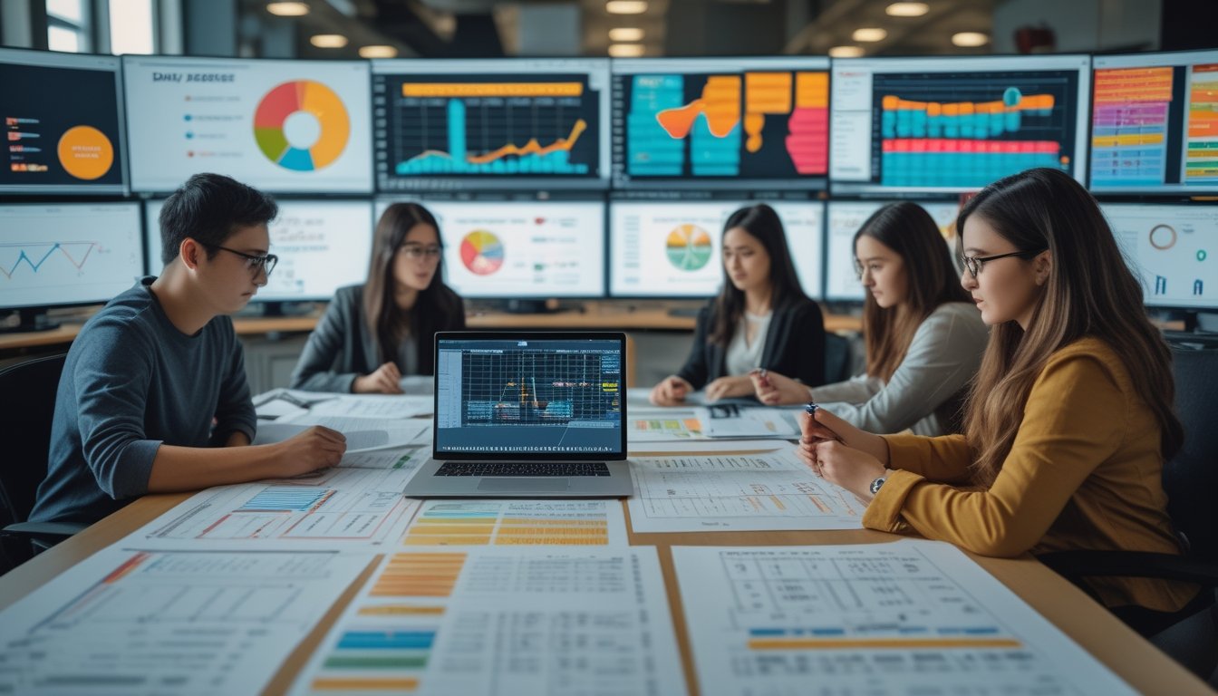 Sekelompok orang bekerja bersama di kantor dengan grafik dan data statistik togel harian di layar komputer dan kertas di meja.