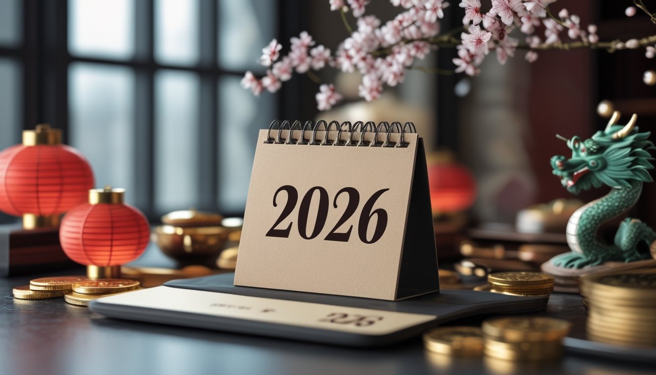 Meja dengan kalender tahun 2026 dan hiasan tradisional Tionghoa seperti lentera merah, koin emas, dan patung naga kecil.