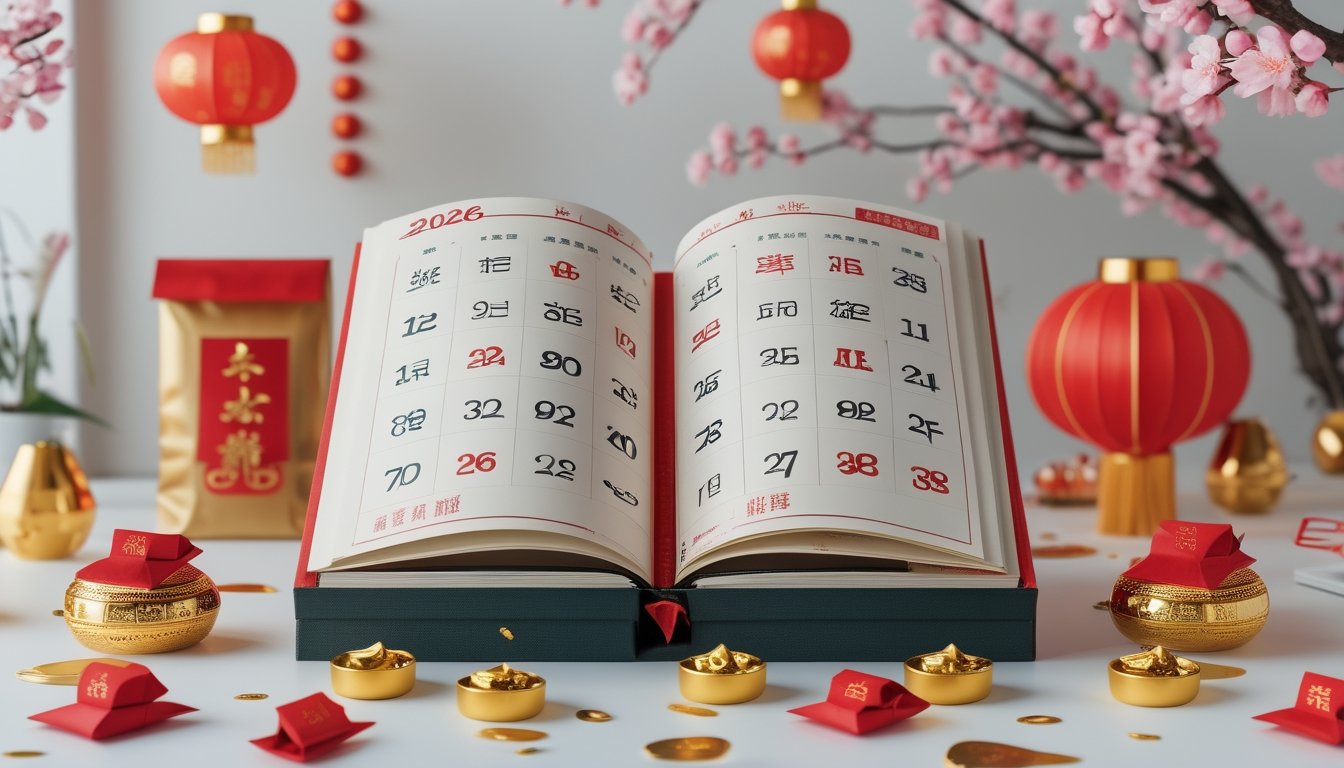 Kalender tradisional Tionghoa untuk tahun 2026 dengan hiasan keberuntungan seperti amplop merah, syiling emas, lentera, dan bunga sakura.