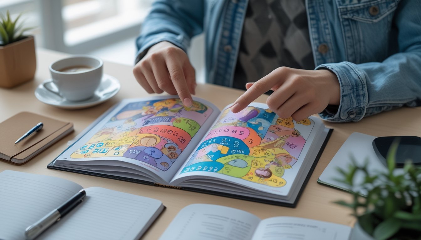 Seseorang sedang membaca buku bergambar tentang interpretasi angka di atas meja dengan alat tulis dan secangkir kopi.