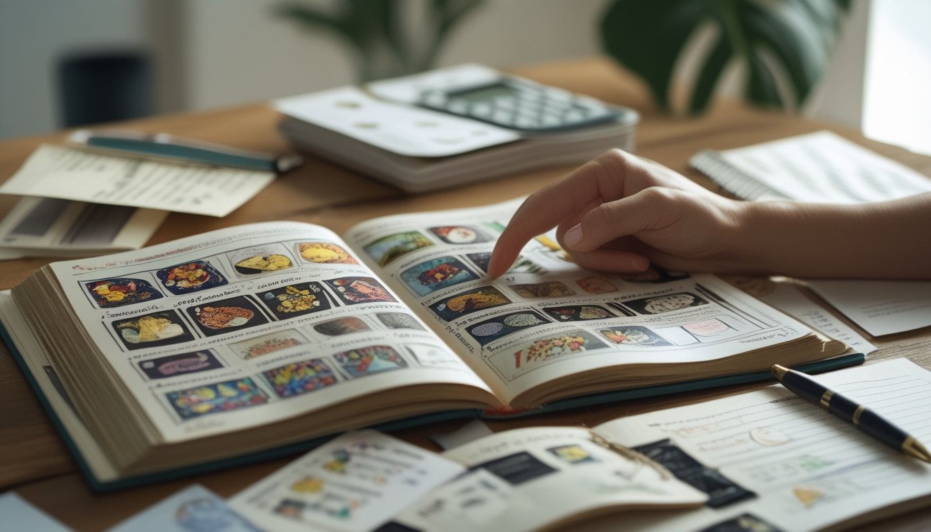Sebuah meja kerja dengan buku mimpi bergambar terbuka, tangan menunjuk gambar di buku, dan alat tulis di sekitar meja.