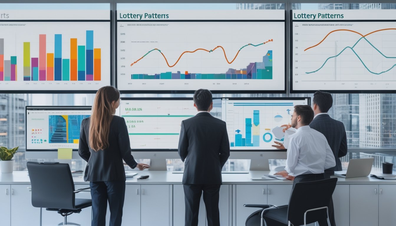 Sekelompok profesional sedang menganalisis grafik dan data pada layar komputer di kantor modern.