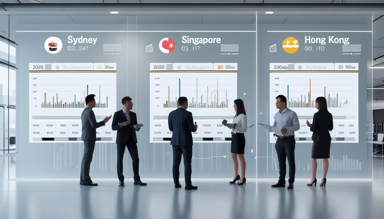 Sekelompok profesional sedang menganalisis data pada layar digital yang menampilkan grafik pola keluaran togel dari Sydney, Singapura, dan Hongkong di sebuah kantor modern.