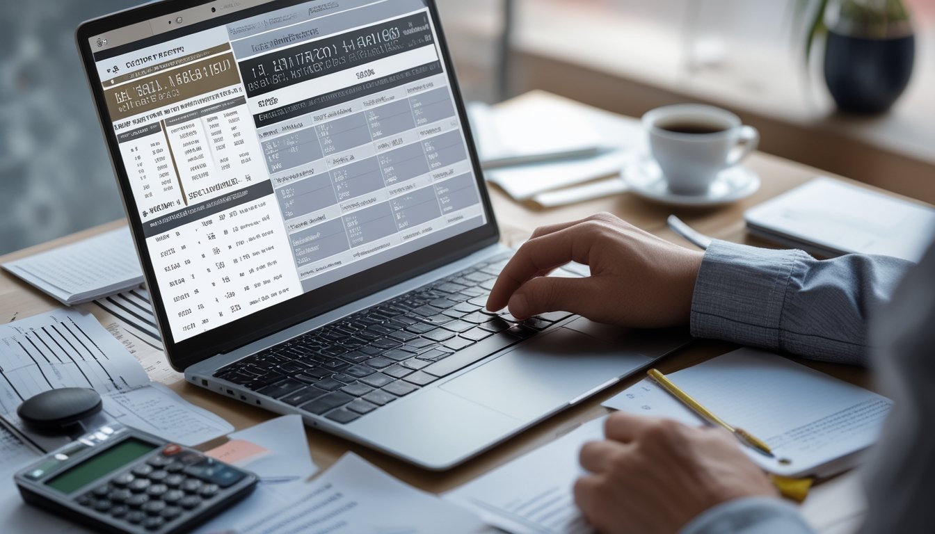 Sebuah meja kerja modern dengan laptop yang menampilkan data angka, tangan seseorang sedang mengetik, dan alat tulis di sekitarnya.