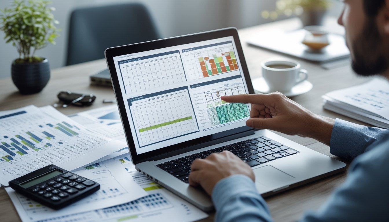 Seorang pria sedang menganalisis grafik dan data angka di laptop di meja kerja dengan alat tulis dan kalkulator di sekitarnya.
