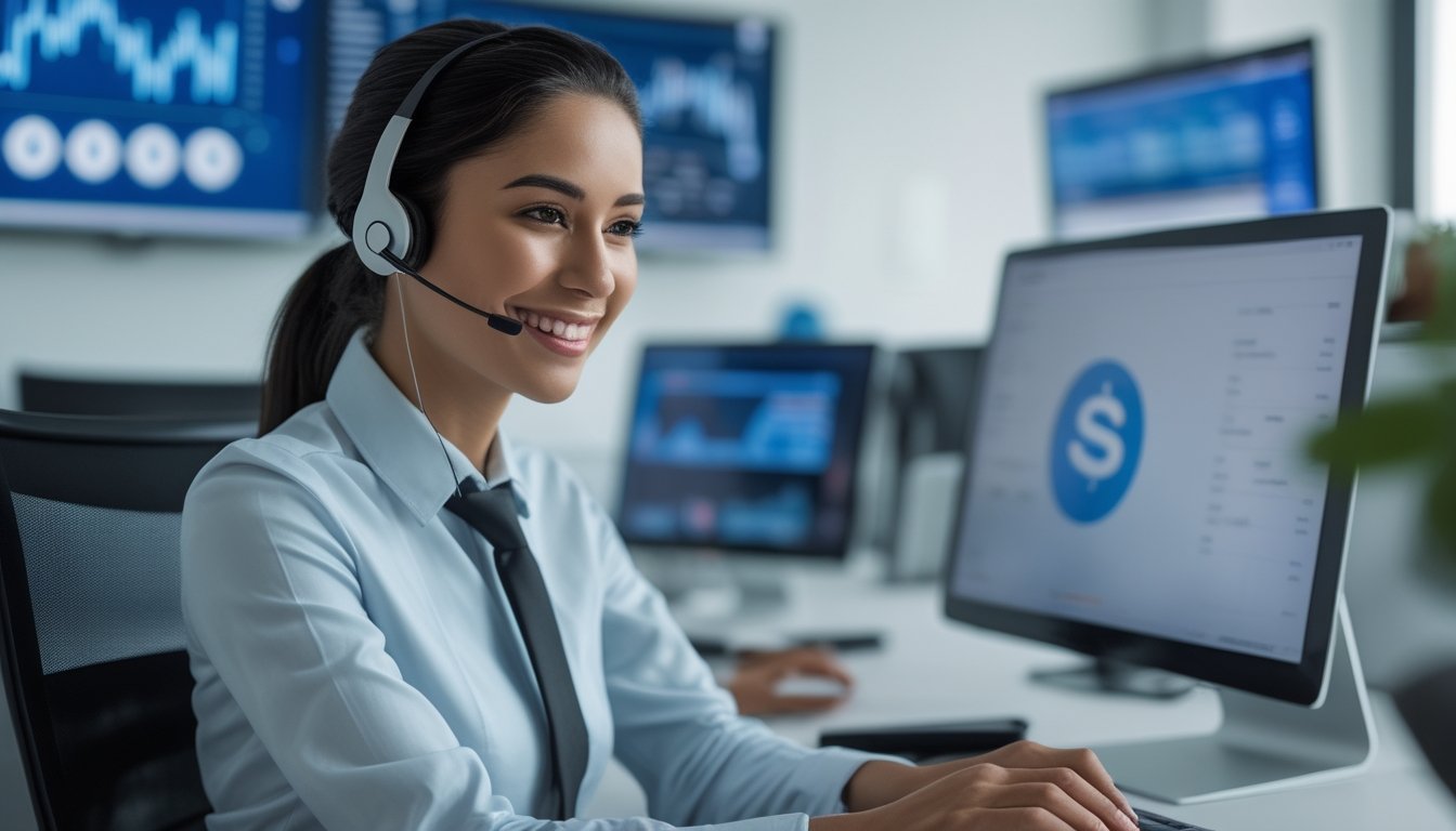Seorang agen layanan pelanggan sedang tersenyum dan membantu klien di kantor modern dengan beberapa layar komputer di latar belakang.