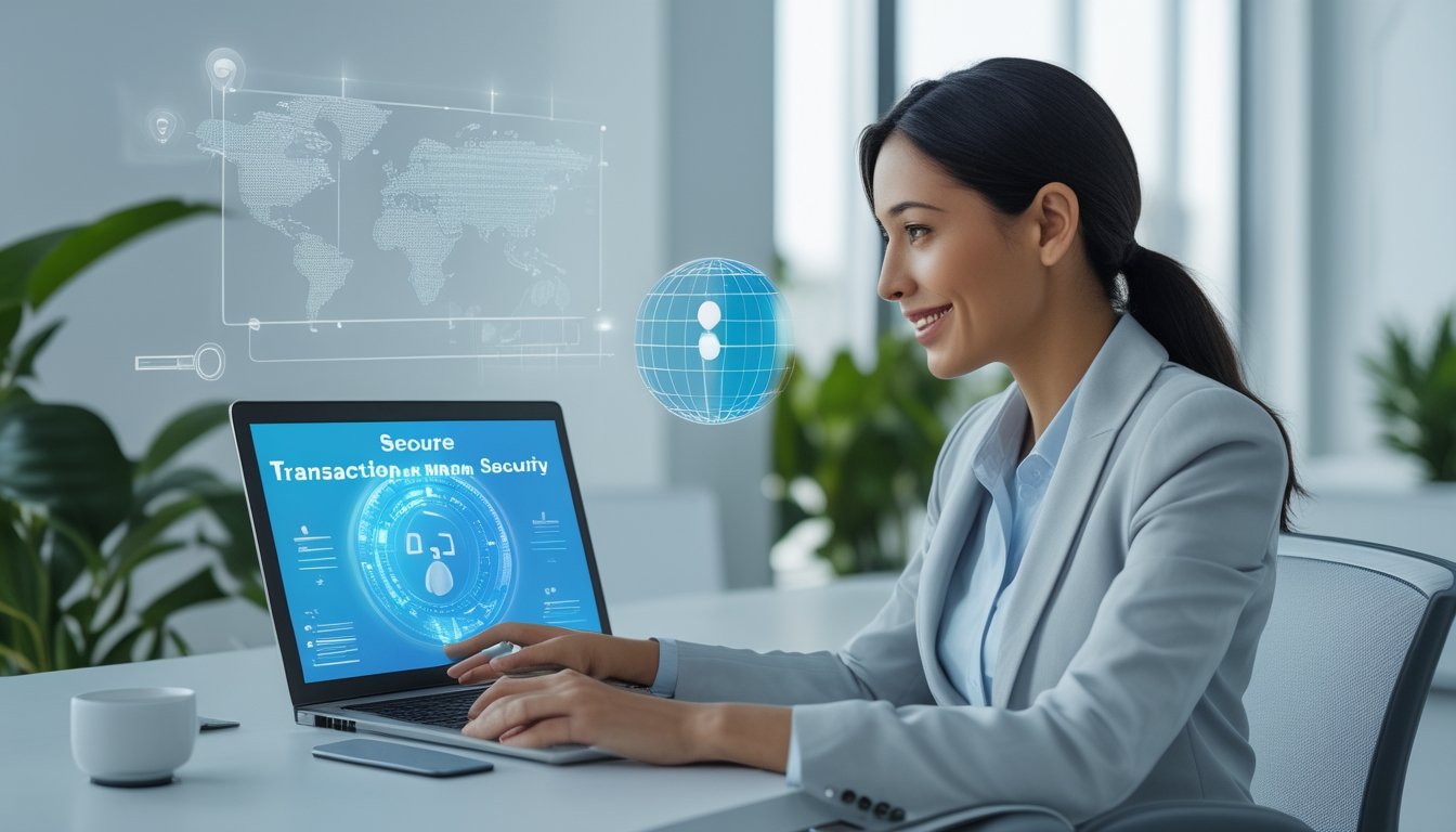 Seorang wanita profesional duduk di meja kantor modern dengan laptop, menunjukkan suasana kerja yang aman dan terpercaya dalam layanan online.