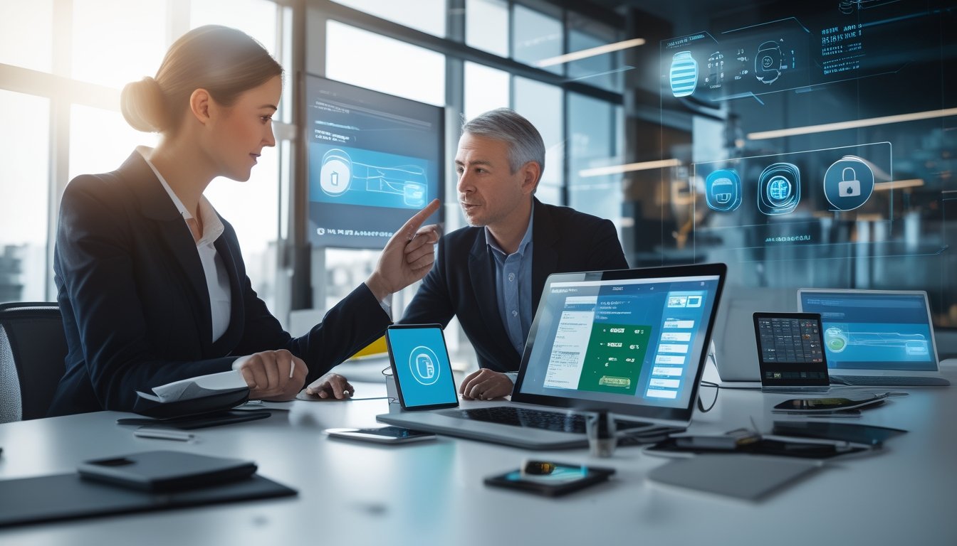Dua orang profesional sedang berdiskusi di kantor modern dengan perangkat digital yang menampilkan antarmuka togel online.
