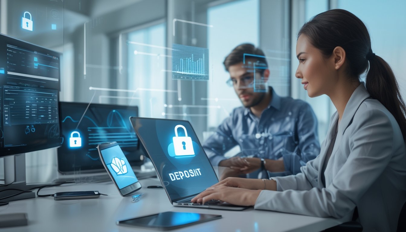 Dua orang profesional bekerja bersama di kantor modern dengan perangkat digital yang menampilkan grafik keuangan dan ikon pembayaran online.