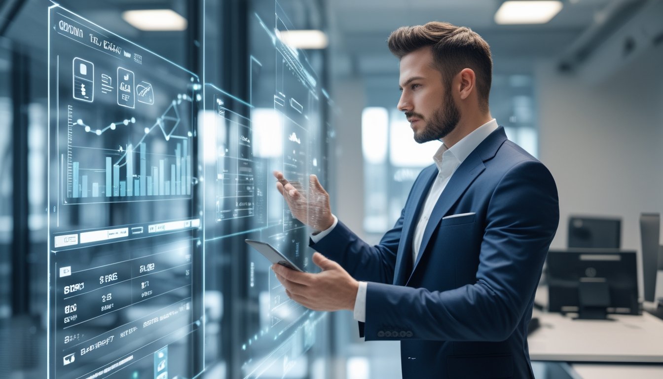 Seorang profesional bisnis sedang menganalisis data keuangan di layar sentuh transparan di ruang kantor modern.