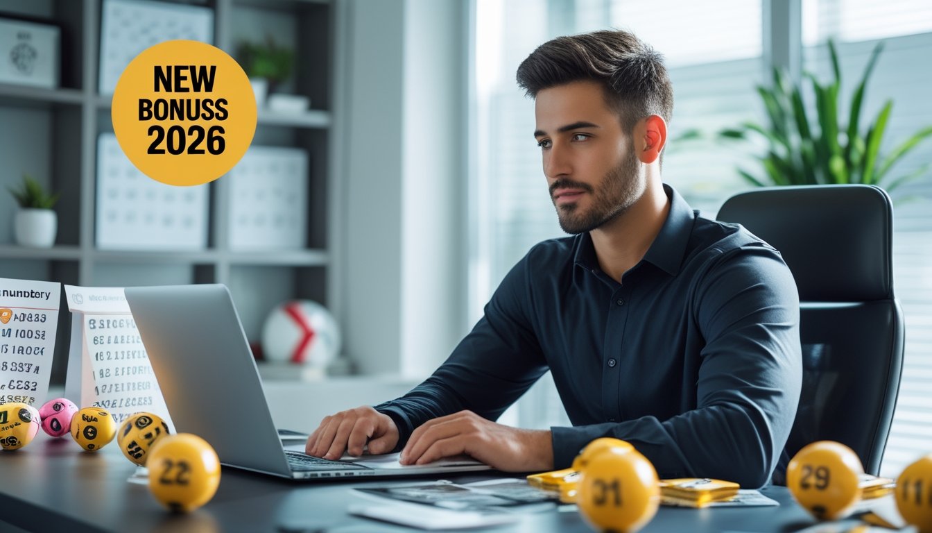 Seorang pria muda duduk di meja kantor modern, fokus pada laptop dengan elemen bola togel dan kalender di sekitar meja.