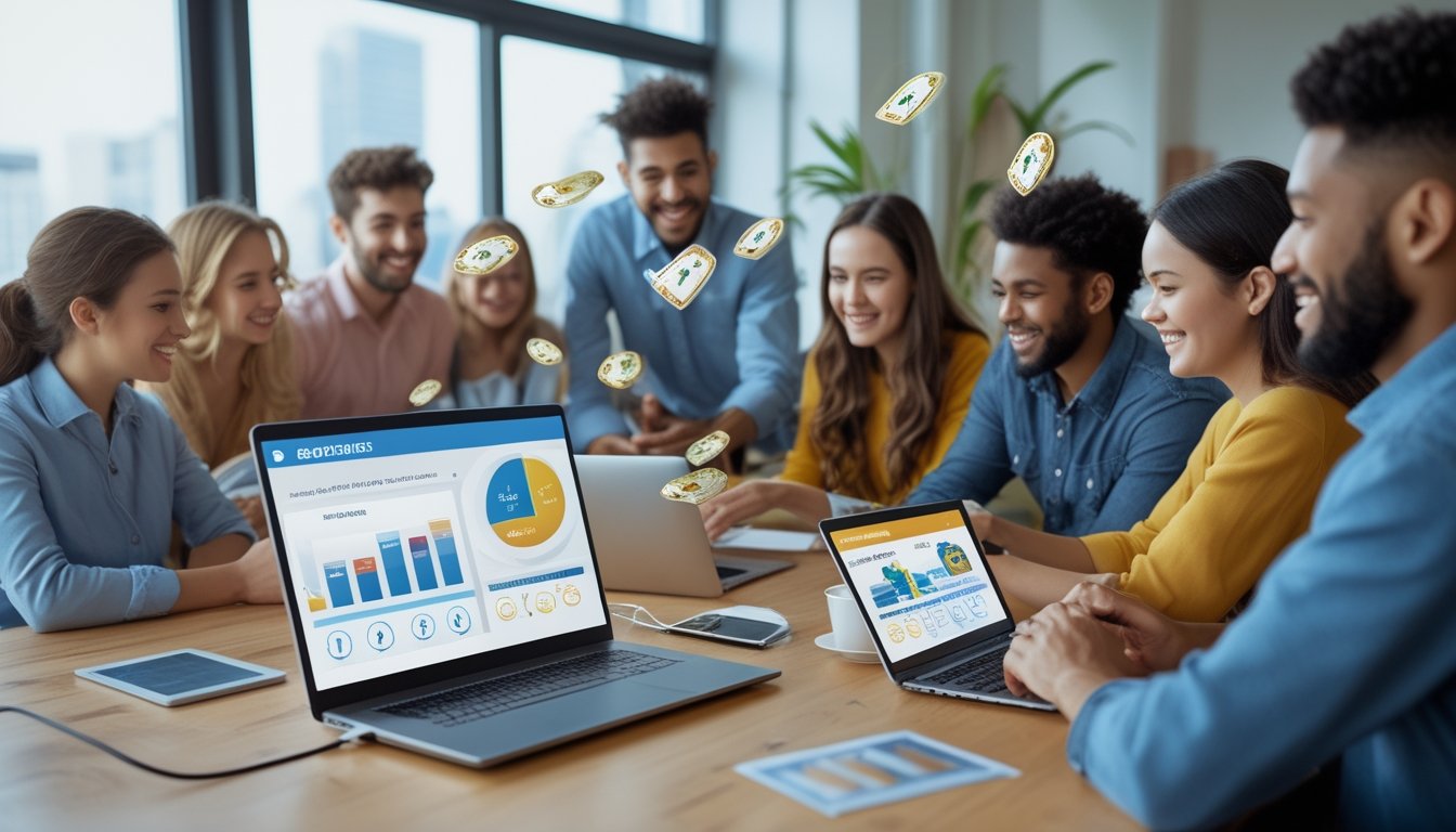 Sekelompok orang muda sedang bekerja bersama di kantor modern dengan laptop dan perangkat digital, menunjukkan proses pendaftaran dan klaim bonus togel.