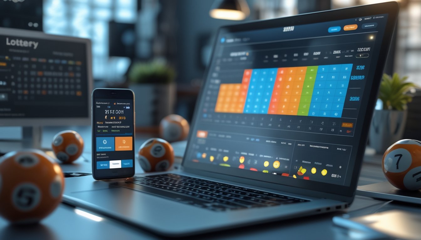 Meja kerja modern dengan laptop dan ponsel yang menampilkan aplikasi togel online dan grafik angka, dengan bola togel dan kalender di latar belakang.