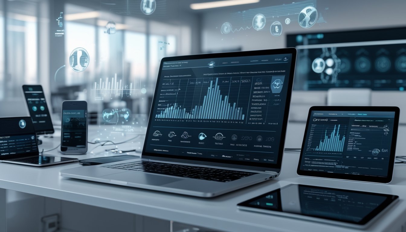 Sebuah ruang kerja modern dengan laptop dan perangkat digital menampilkan data dan grafik pasar togel online tahun 2026.
