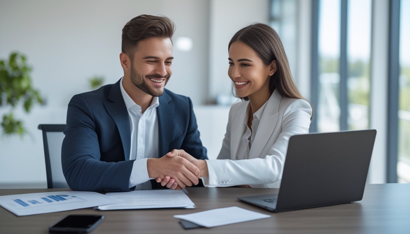 Seorang pria dan wanita berjabat tangan di meja kantor modern dengan laptop dan dokumen di sekitar mereka.