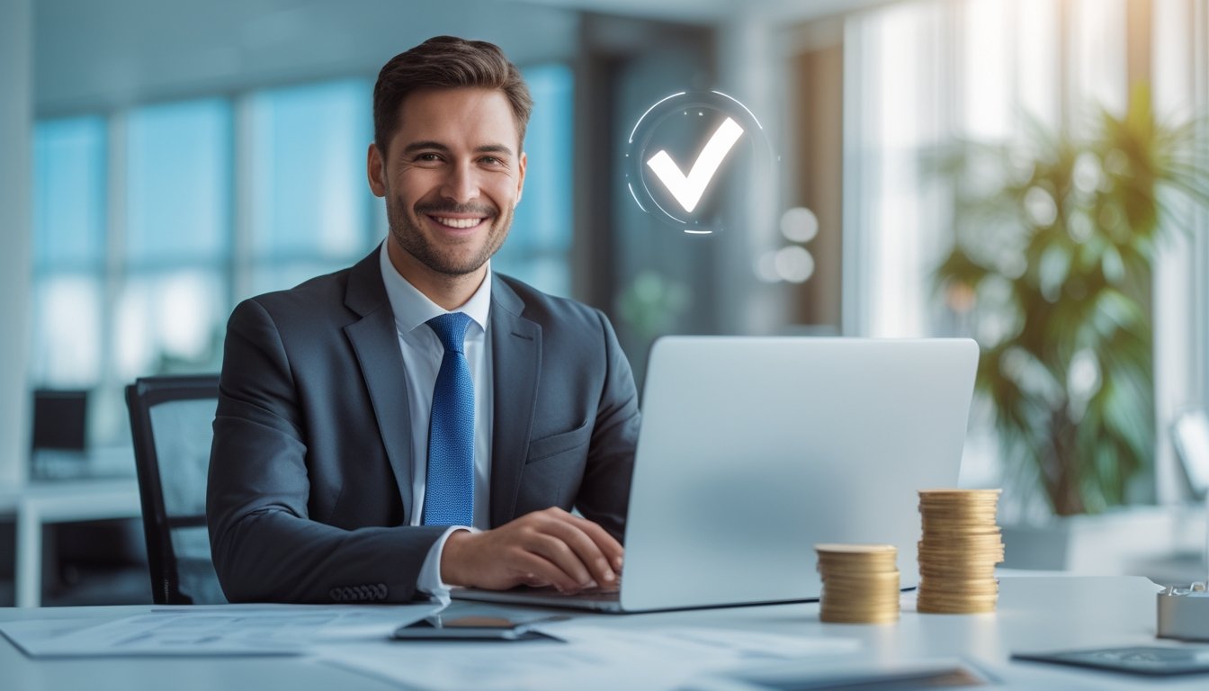 Seorang pria profesional tersenyum duduk di meja kantor modern dengan laptop dan dokumen keuangan, menggambarkan pembayaran kemenangan yang aman dan terpercaya.
