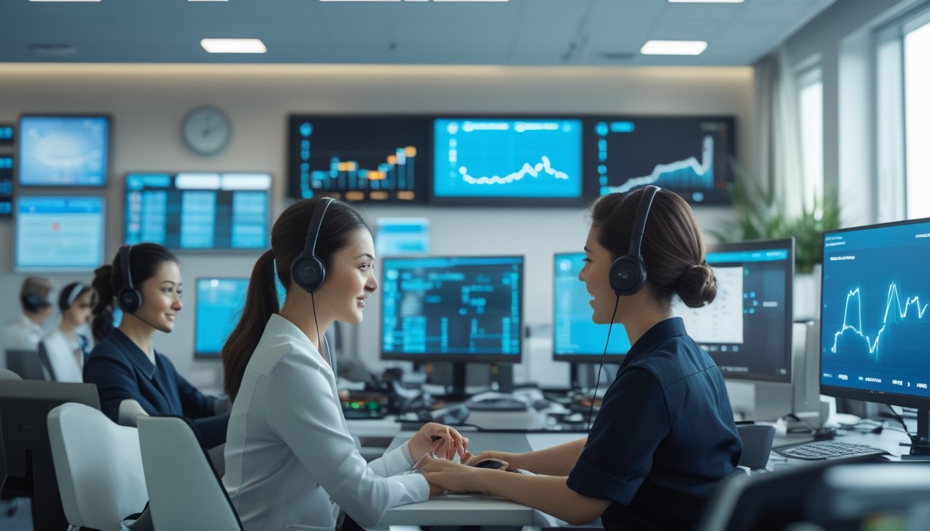 Tim layanan pelanggan sedang bekerja di kantor modern dengan komputer dan headset, memberikan dukungan online sepanjang waktu.