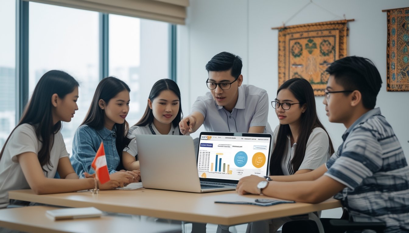 Sekelompok orang muda sedang berdiskusi di kantor dengan laptop yang menampilkan data terkait togel, dengan dekorasi bertema Indonesia di latar belakang.
