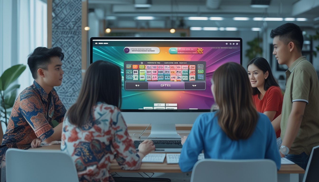 Sekelompok orang muda sedang berdiskusi di depan layar komputer yang menampilkan antarmuka permainan togel digital di sebuah ruang kantor modern.
