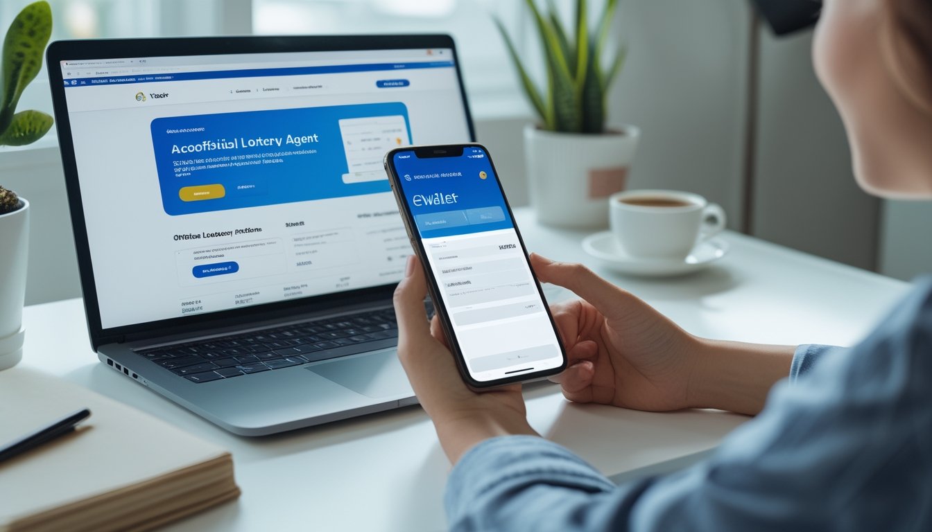 Seseorang sedang duduk di meja dengan laptop dan ponsel, menyiapkan pendaftaran akun menggunakan e-wallet di ruang kerja yang terang dan rapi.