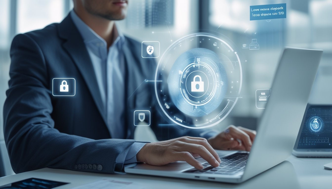 Seorang profesional menggunakan laptop di kantor modern dengan elemen digital yang menunjukkan keamanan data dan deposit minimal pada layanan togel online.