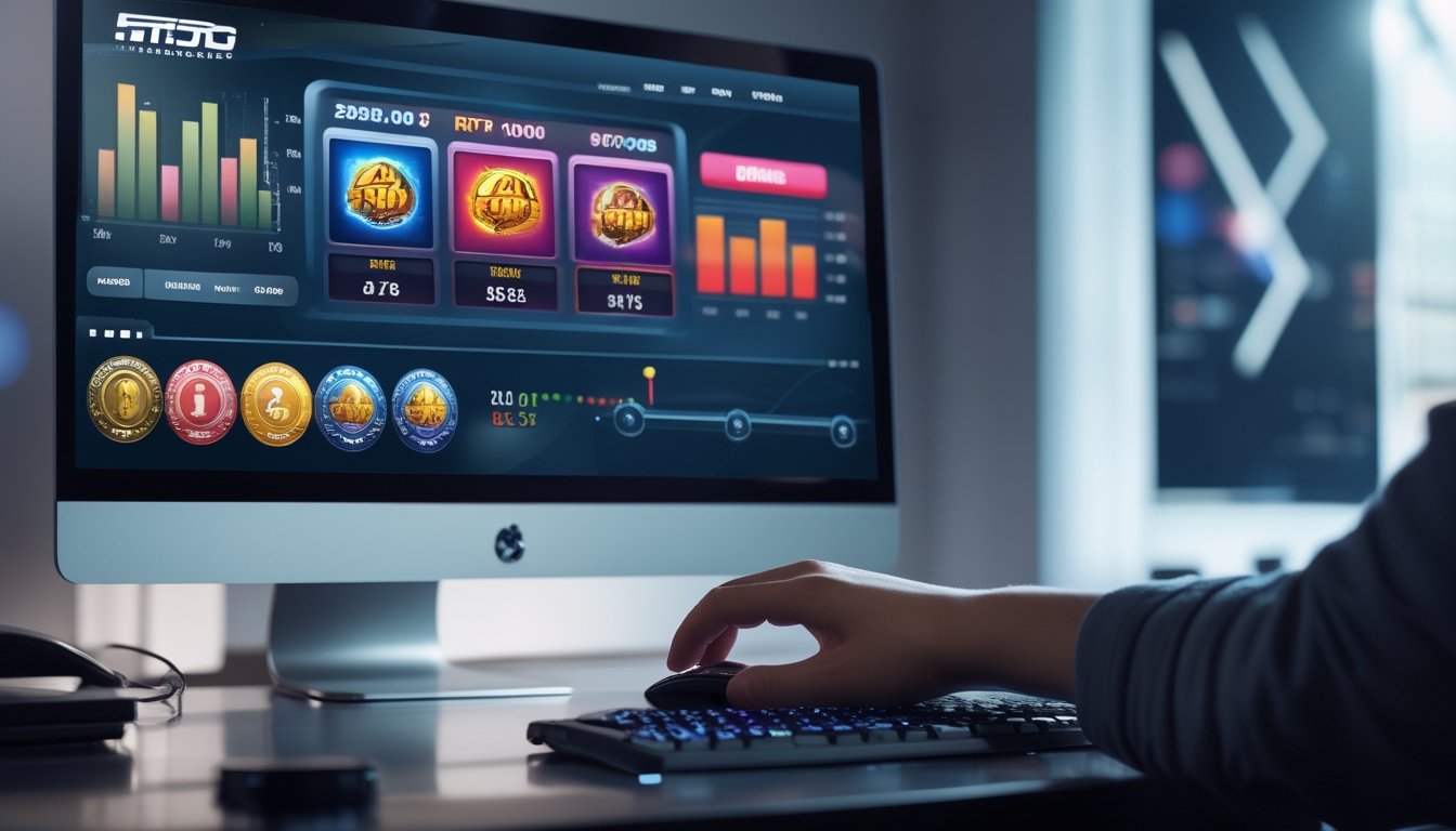 Seseorang menggunakan komputer dengan tampilan permainan slot online dan grafik bonus progresif di layar.